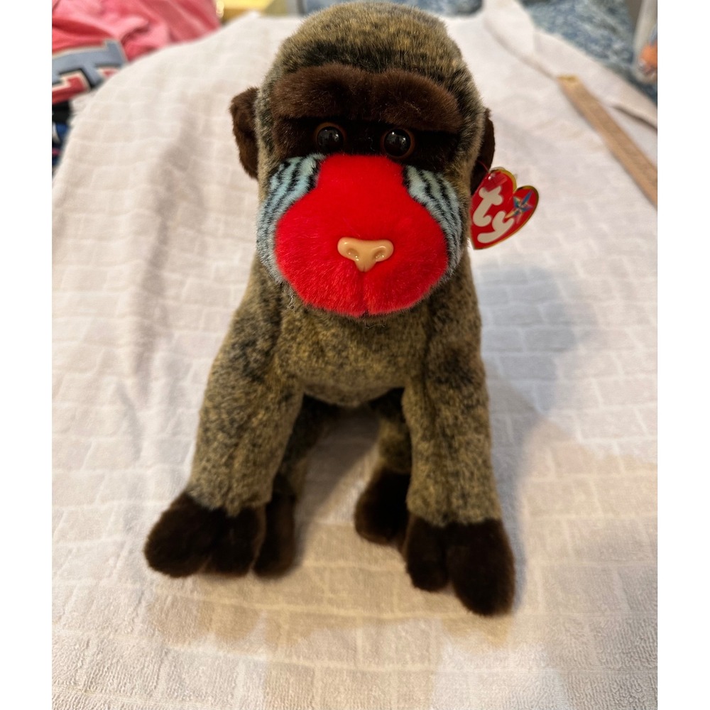 Ty Beanie Buddy Cheeks the Mandrill Baboon Brown Red Blue Plush Monkey 2001 14in